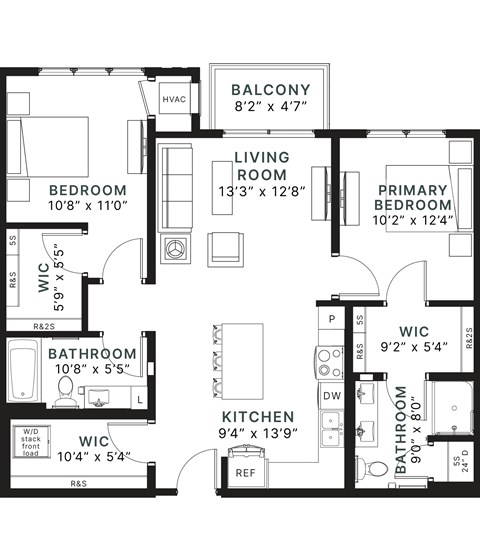 Floor plan for 2 beds, 2 baths, 1064 sqft